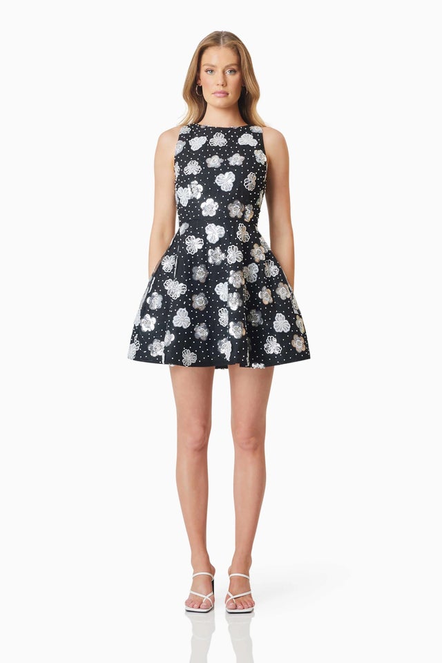 knee length dresses for ladies Mira Sweetheart Mini Dress in White – Floral & Butterfly Applique – Elliatt main image 0